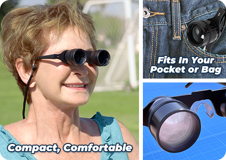 Man wearing ZoomOptics™, and showing how easily it fits in your pocket